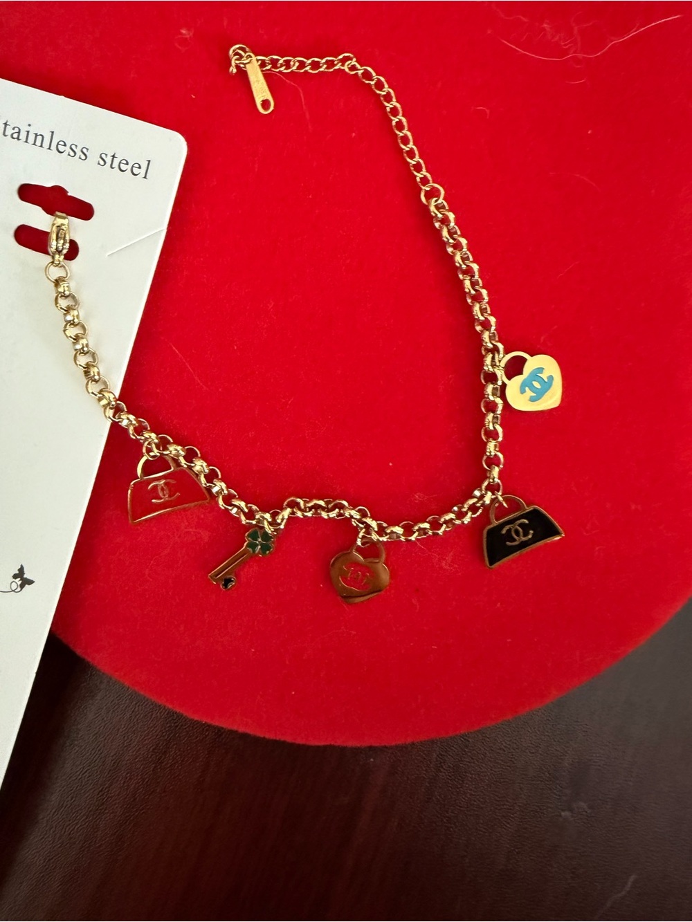 Gold-Tone Charm Bracelet w/ Heart,Key &Purse Charms, Stainless,fashion jewelry